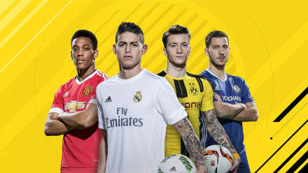 A vibrant HD PC desktop wallpaper featuring players from FIFA 17, showcasing athletes in their team jerseys against a striking yellow background.