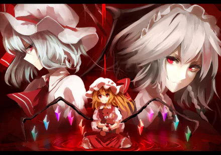 HD anime desktop wallpaper featuring Remilia Scarlet, Sakuya Izayoi, and Flandre Scarlet from Touhou, with vivid red and white tones and dramatic lighting.