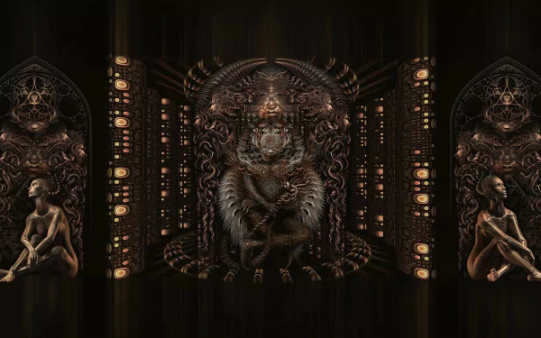 Dark brown CGI fractal artwork with intricate patterns and humanoid figures, inspired by Meshuggah, designed as an HD PC desktop wallpaper.