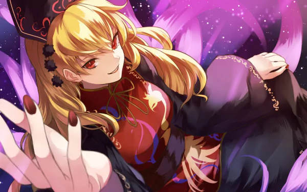 Anime desktop wallpaper featuring Junko from Touhou, showcasing her striking appearance with long blonde hair, vibrant colors, and a mystical background.