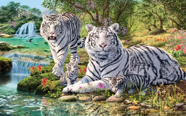 HD wallpaper of a serene scene featuring a family of white tigers near a cascading waterfall, with lush greenery and colorful flowers surrounding them.