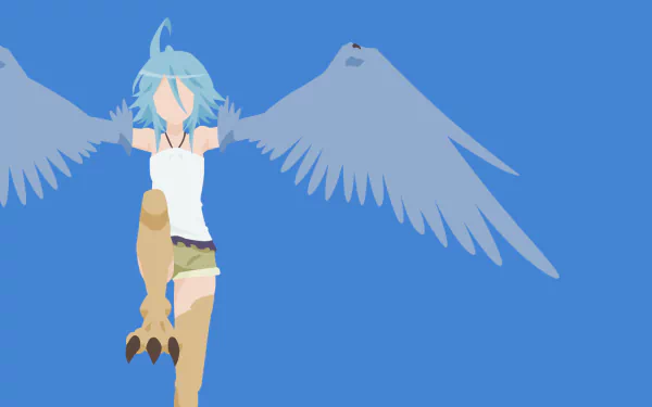 A minimalist HD wallpaper featuring Papi from Everyday Life with Monster Girls, showcasing her blue hair and wings against a vibrant blue background while wearing shorts.