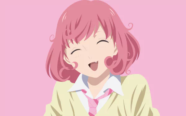 A minimalist anime wallpaper featuring Kofuku Ebisu from Noragami, showcasing a character with pink hair and a cheerful smile, set against a soft pink background.