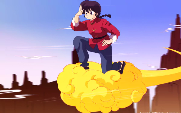 HD anime desktop wallpaper featuring Ranma Saotome from Ranma ½ riding the Flying Nimbus from Dragon Ball in a dynamic crossover scene.