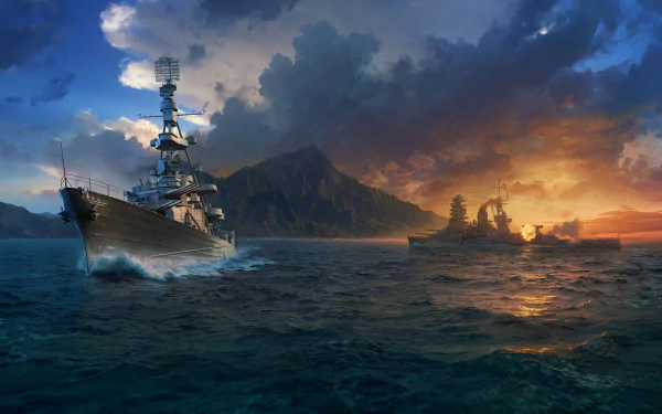 A stunning HD desktop wallpaper featuring a warship in a dramatic seascape, inspired by the video game World of Warships, with a vibrant sunset and rugged mountains in the background.