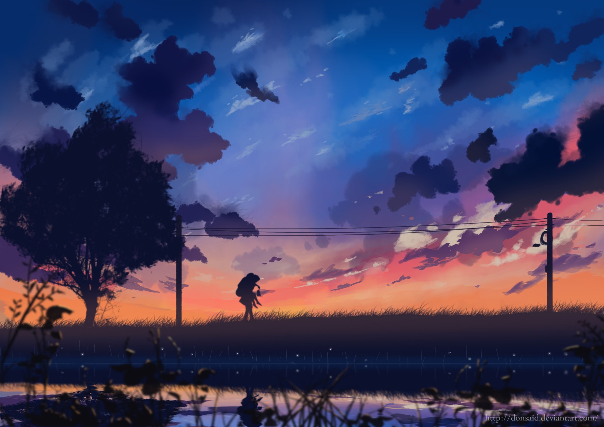 A vibrant anime-inspired HD desktop wallpaper featuring a silhouette of a person with an umbrella against a stunning sunset, framed by dramatic clouds and serene landscapes.