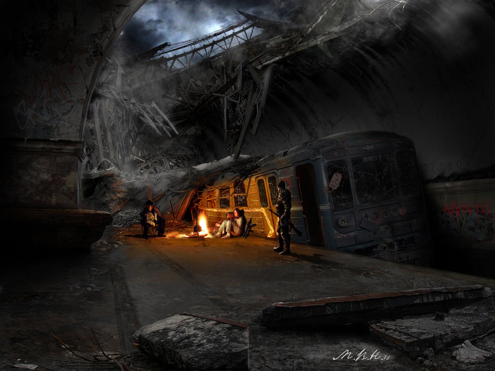 A desolate, post-apocalyptic subway scene features a wrecked train, remnants of urban decay, and survivors gathered around a fire, evoking a striking Sci-Fi atmosphere. HD wallpaper.