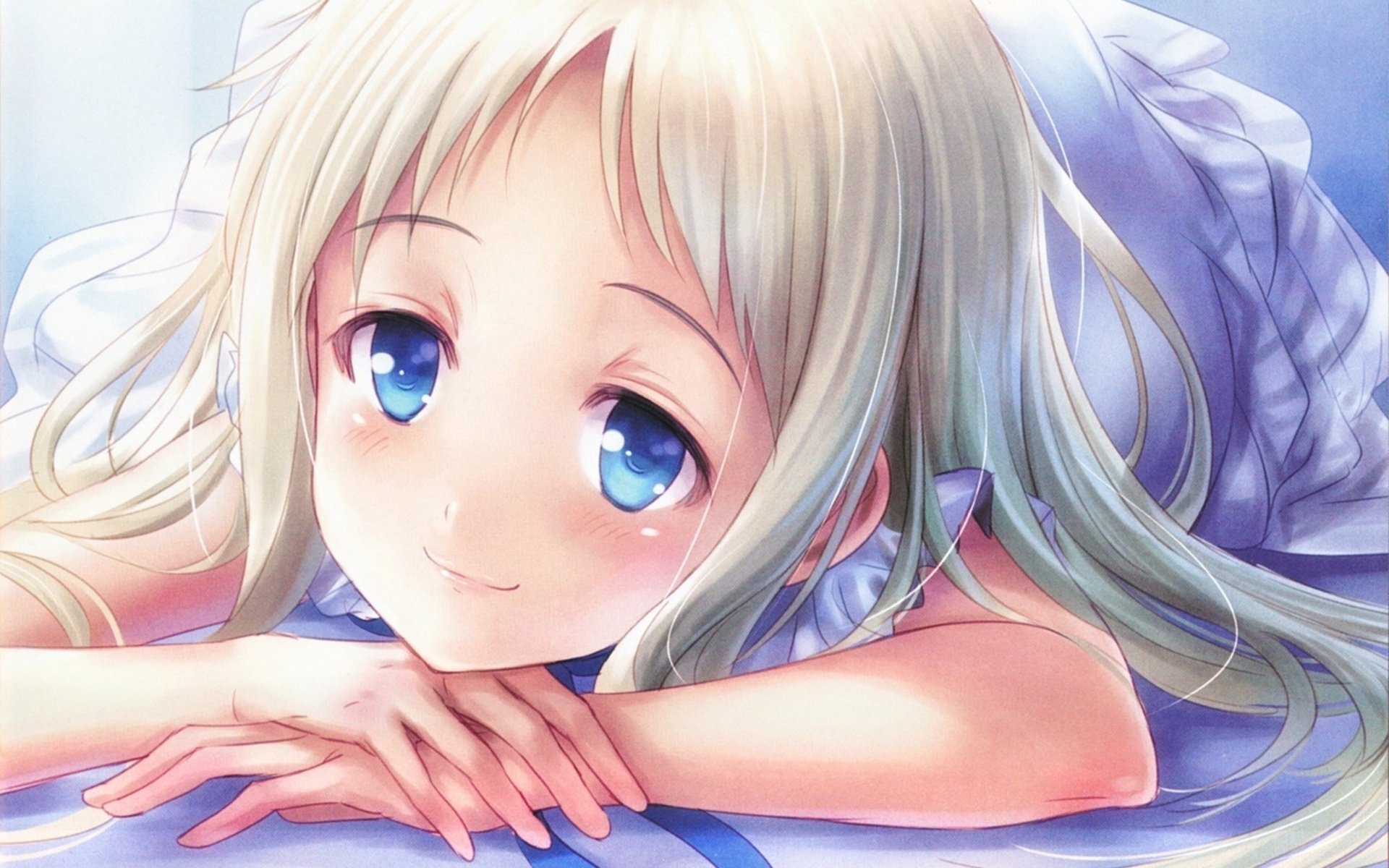 A high-definition wallpaper featuring Meiko Honma, a blonde anime character from Anohana, resting with a gentle smile and captivating blue eyes.