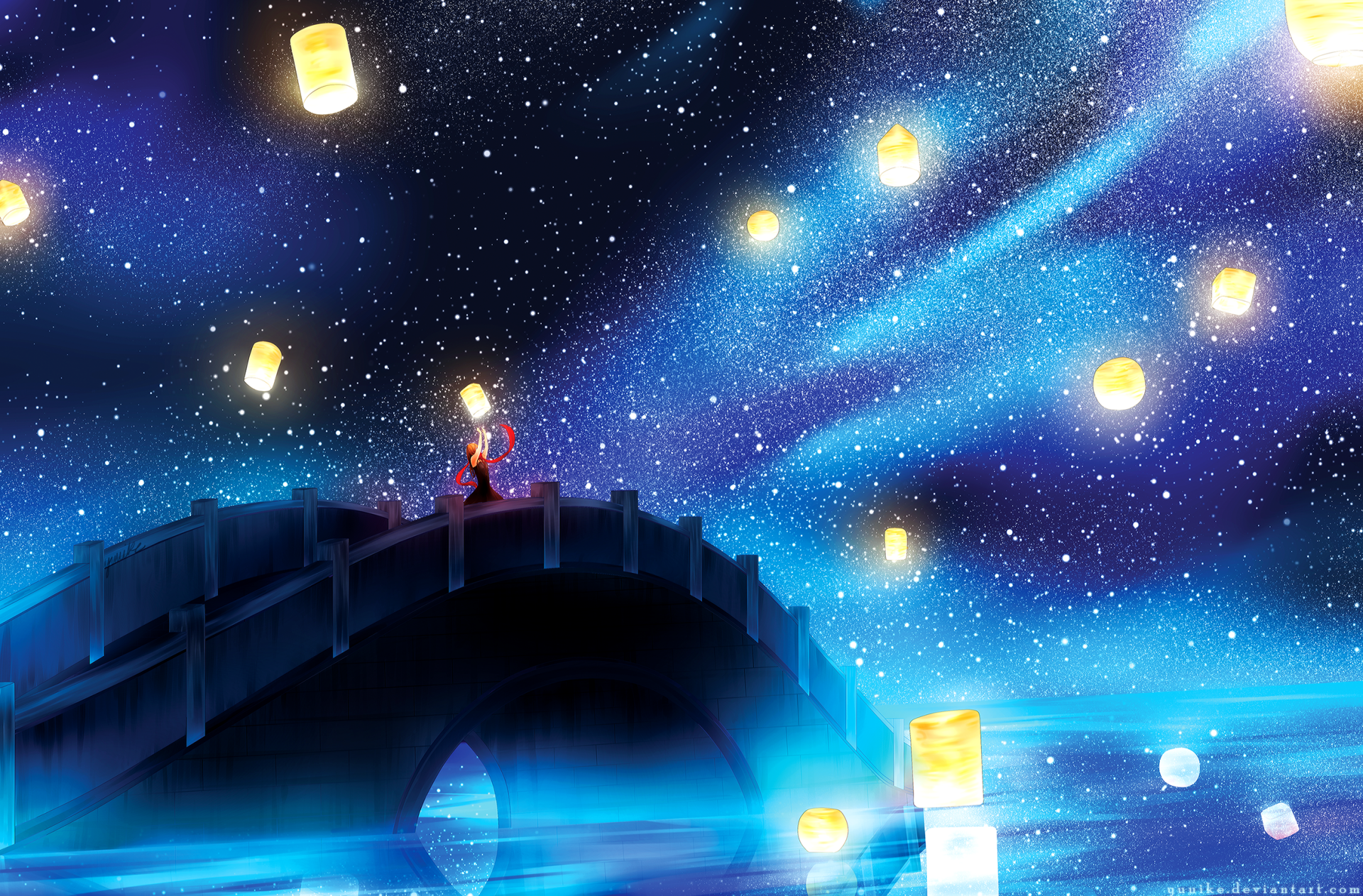 A fantasy HD desktop wallpaper featuring a person standing on a bridge under a starry night sky with floating lanterns illuminating the landscape.