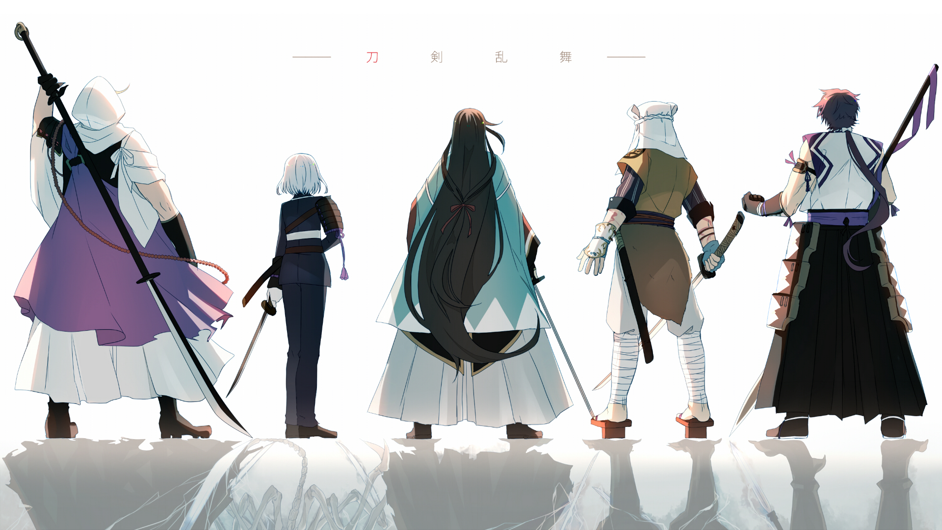 HD PC desktop wallpaper featuring characters from the video game Touken Ranbu, shown from the back with soft lighting and minimalist background.