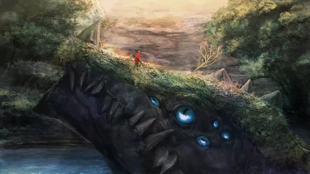HD desktop wallpaper featuring an original anime scene with a person in red standing atop a large, mystical creature amidst lush greenery and a serene river.