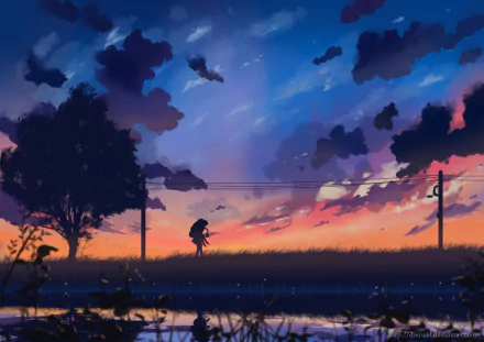 A vibrant anime-inspired HD desktop wallpaper featuring a silhouette of a person with an umbrella against a stunning sunset, framed by dramatic clouds and serene landscapes.