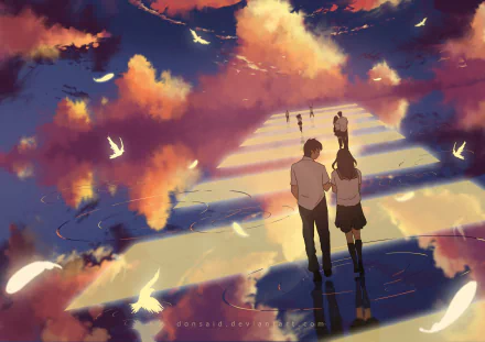 Anime HD desktop wallpaper featuring an original design of characters walking along a reflective path with floating feathers and vibrant clouds in the background.