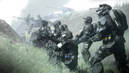 A group of soldiers from Halo 3: ODST stands ready in a misty landscape, armed and positioned for battle, set against a backdrop of vehicles and distant conflict. High-definition wallpaper.