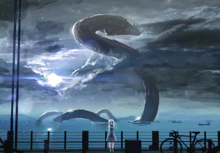 A fantasy anime creature with long white hair stands on a dock under a cloudy sky with a monstrous serpent in the background. The image is a HD wallpaper.