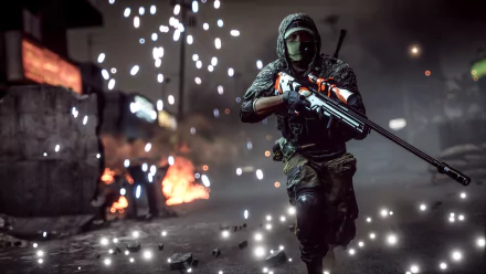 A highly detailed HD wallpaper featuring a soldier with a sniper rifle in an intense scene from Battlefield 4, illuminated by sparks and explosions in the background.