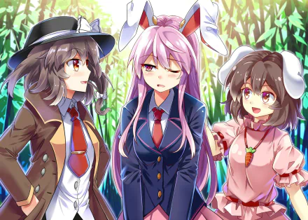Anime characters Renko Usami, Reisen Udongein Inaba, and Tewi Inaba stand in a vibrant forest, showcasing their bunny ears and unique features, with pink hair and red eyes.