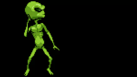 A minimalist 8-bit pixel art depiction of a green alien figure, set against a stark black background, designed as an HD PC desktop wallpaper.