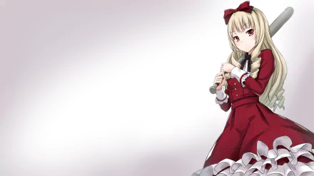 HD anime desktop wallpaper featuring Rinko Ogasawara from Shirobako, dressed in a red and white outfit holding a baseball bat against a light gradient background.