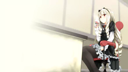 HD PC desktop wallpaper featuring Rinko Ogasawara from the anime Shirobako, sitting in a red chair with a cup in hand against a softly lit background.