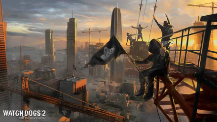 A vibrant HD desktop wallpaper from Watch Dogs 2, showcasing characters on a construction site, overlooking a sprawling cityscape at sunset.