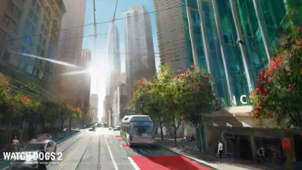 A vibrant HD wallpaper from Watch Dogs 2 showcasing a bustling city street, complete with modern architecture, greenery, and a tram gliding down the road under a bright sun.