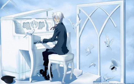 Allen Walker, from the anime D.Gray-man, sits at a piano in a serene, cloud-filled background with birds, creating a tranquil and artistic atmosphere.
