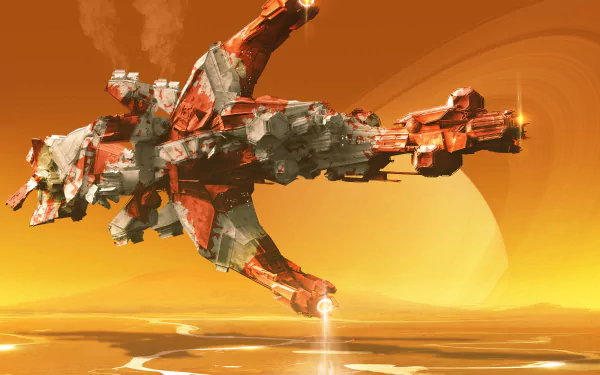 A detailed Sci-Fi spaceship flies over an alien landscape with a glowing planet rise and visible planetary ring in this 4K Ultra HD PC desktop wallpaper.