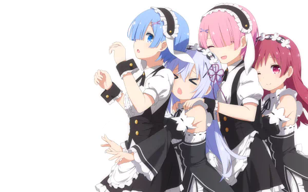 An HD desktop wallpaper featuring anime crossover characters from Gochuumon wa Usagi Desu ka and Re:Zero - Starting Life in Another World, including Chino Kafū, Ram, and Rem in maid outfits.