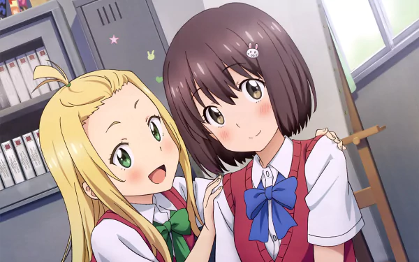 Two characters from Kono Bijutsubu ni wa Mondai ga Aru! (This Art Club Has a Problem!) smile together, showcasing the vibrant art style and charm of the anime in this HD wallpaper.