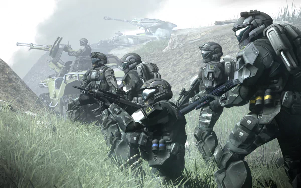 A group of soldiers from Halo 3: ODST stands ready in a misty landscape, armed and positioned for battle, set against a backdrop of vehicles and distant conflict. High-definition wallpaper.