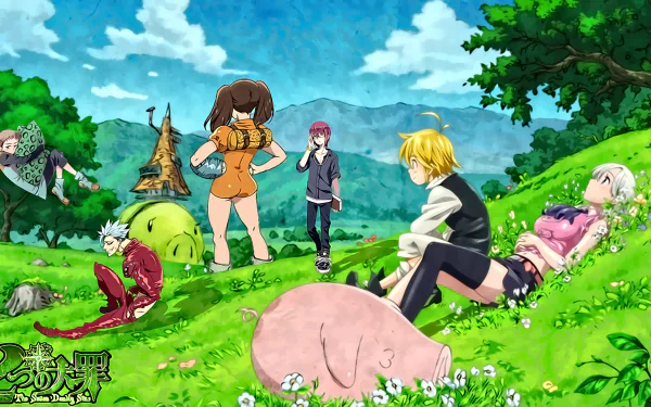 HD desktop wallpaper of The Seven Deadly Sins anime, featuring characters lounging on a grassy hillside with a backdrop of trees and mountains.