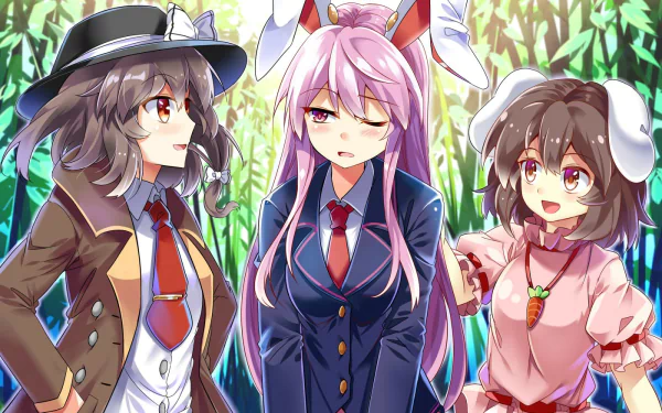 Anime characters Renko Usami, Reisen Udongein Inaba, and Tewi Inaba stand in a vibrant forest, showcasing their bunny ears and unique features, with pink hair and red eyes.