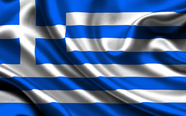 HD PC desktop wallpaper background of Greece's flag — blue and white horizontal stripes with a white cross in the canton, depicted as rippling fabric with glossy highlights.