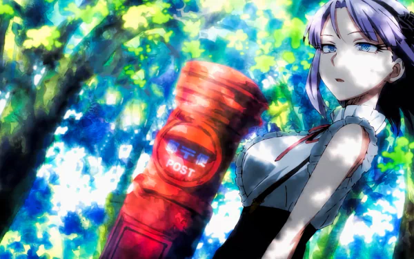Shidare Hotaru from Dagashi Kashi stands with blue eyes and purple hair, holding a red mailbox against a vibrant, colorful background of trees. HD anime wallpaper.