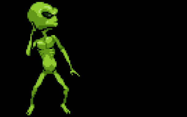 A minimalist 8-bit pixel art depiction of a green alien figure, set against a stark black background, designed as an HD PC desktop wallpaper.
