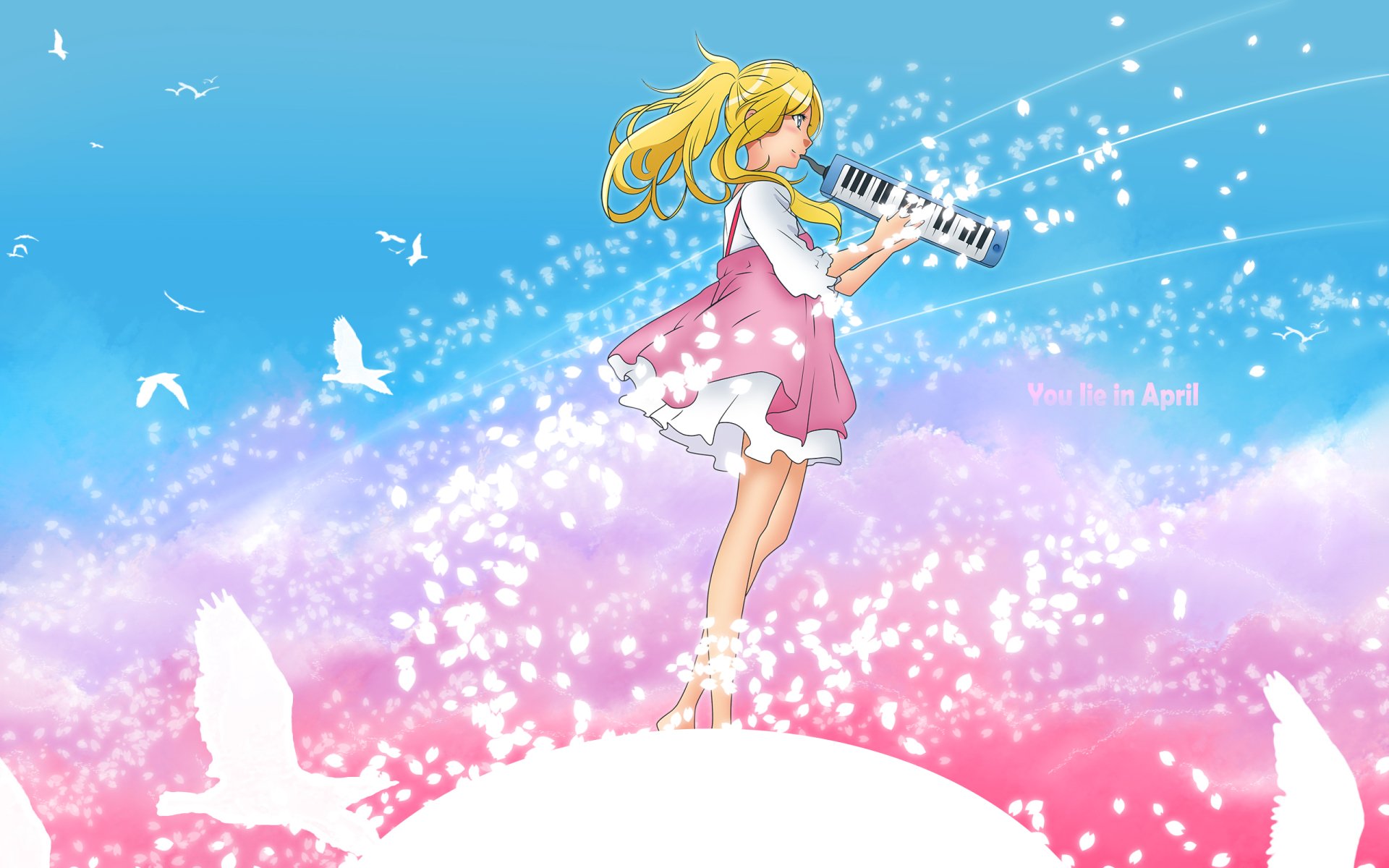 A vibrant HD wallpaper featuring Kaori Miyazono from Your Lie in April, capturing her playing a keytar against a dreamy blue and pink background filled with sparkles and birds.