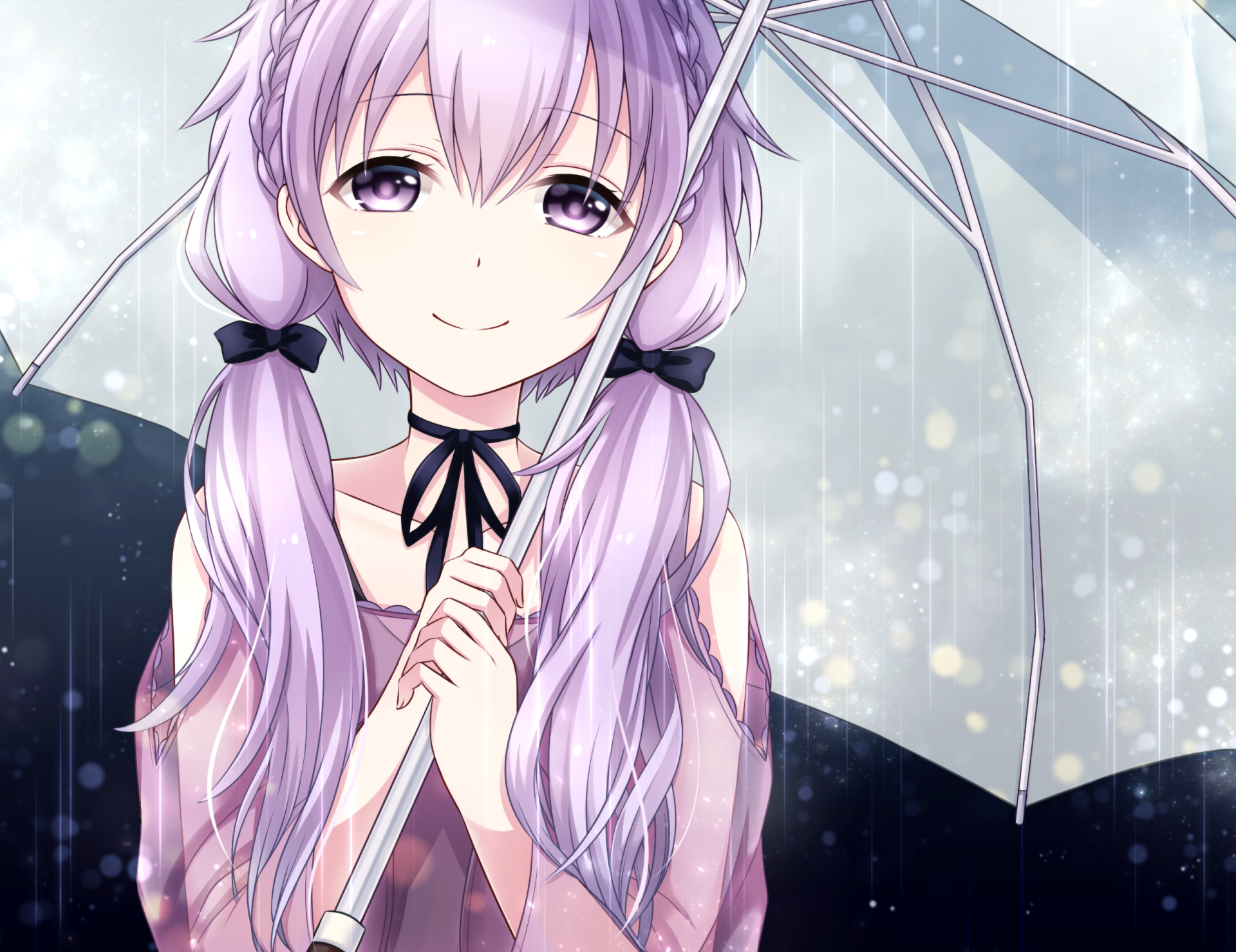 HD anime desktop wallpaper featuring Yuzuki Yukari from Vocaloid with long lavender hair, holding a translucent umbrella in a softly lit, serene setting.