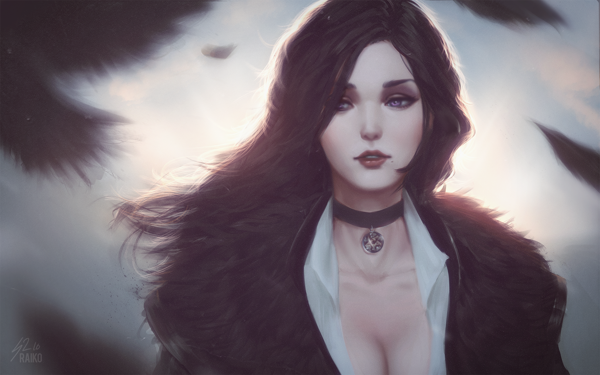HD desktop wallpaper featuring Yennefer of Vengerberg from the video game The Witcher 3: Wild Hunt, with a dark and mystical ambiance.