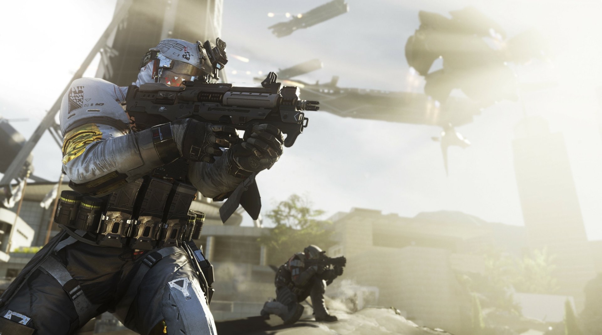 HD PC desktop wallpaper from the video game Call of Duty: Infinite Warfare, featuring armed soldiers in futuristic combat gear amid a battle scene.