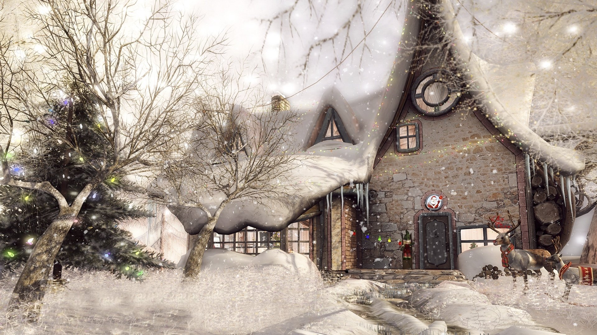 A cozy holiday house nestled in snow, adorned with festive lights and surrounded by trees, captures the enchanting spirit of Christmas in this stunning painting.