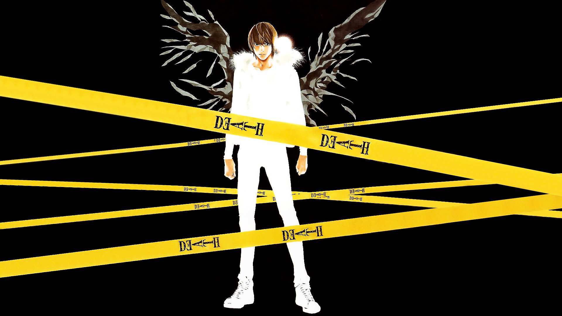 HD PC desktop wallpaper featuring Light Yagami as Kira from the anime Death Note, with dark wings and yellow caution tape against a black background.