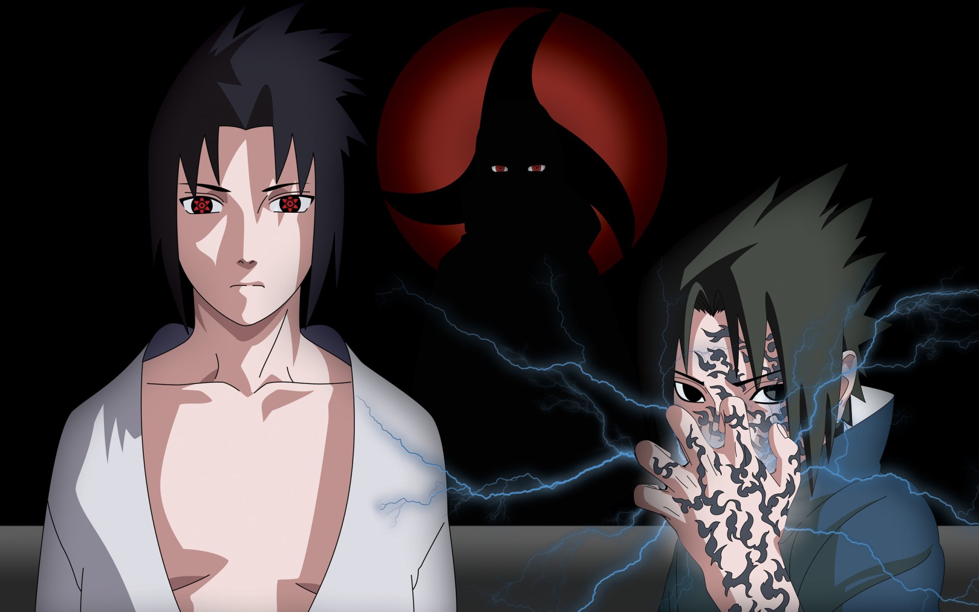 HD anime desktop wallpaper featuring Sasuke Uchiha from Naruto, showcasing his Sharingan and Chidori abilities against a dark, intense background.