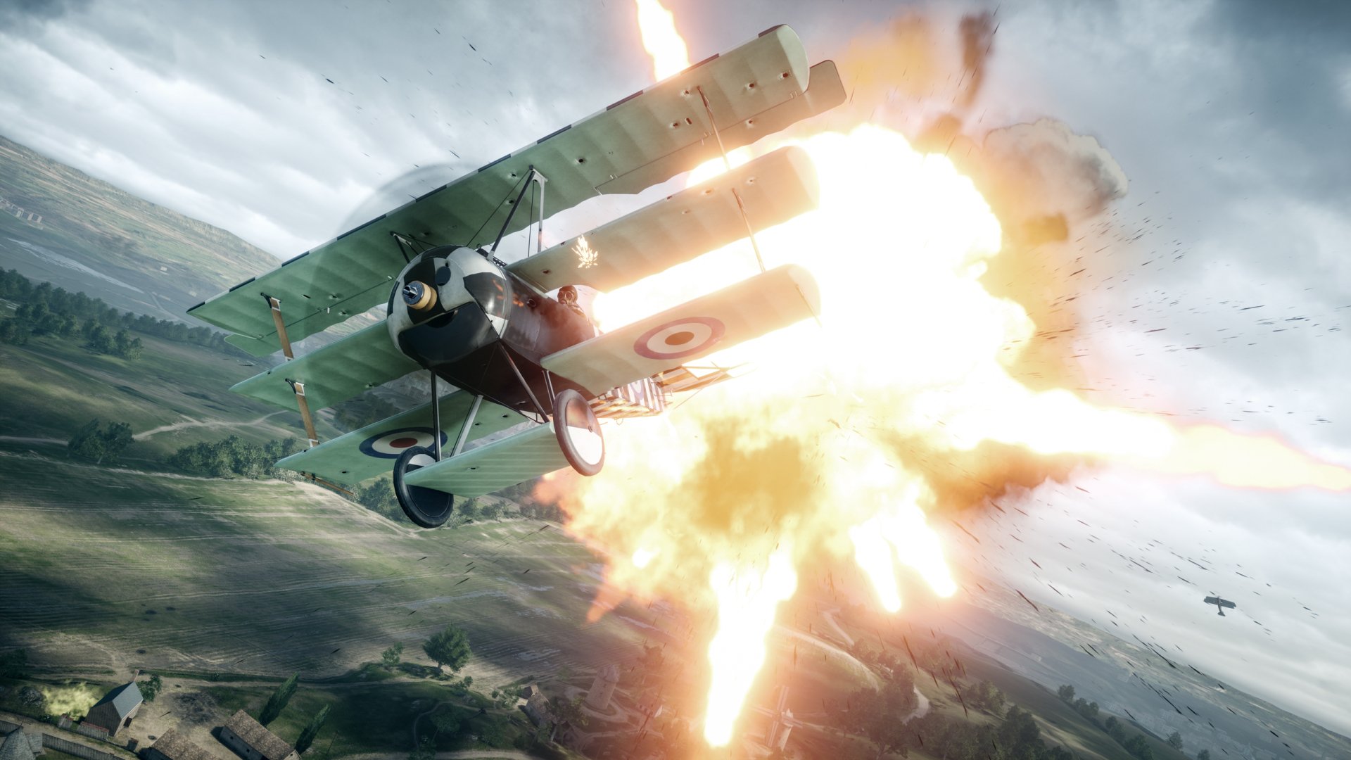 HD PC wallpaper featuring a fiery explosion behind a biplane aircraft in intense aerial combat from the video game Battlefield 1.