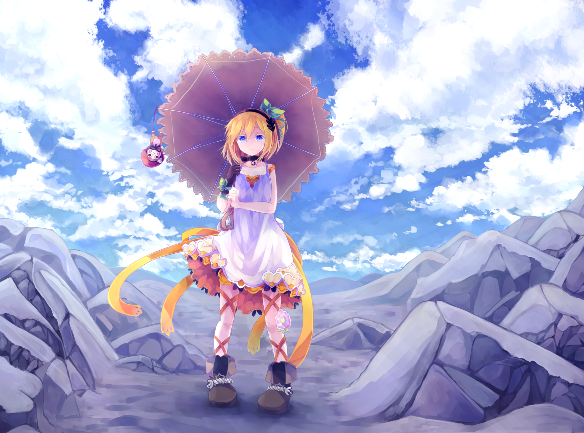 Edna from Tales of Zestiria the X stands confidently with an umbrella against a beautiful sky, adorned in a colorful outfit amidst rocky terrain in this vibrant HD anime wallpaper.