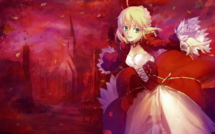 HD anime desktop wallpaper featuring Red Saber from Fate/Extra against a vivid red and orange autumnal background with falling leaves and a distant castle.