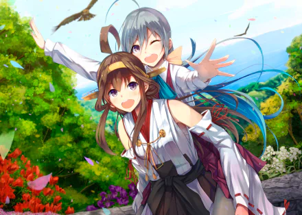 HD PC desktop wallpaper featuring Kiyoshimo and Kongou from Kantai Collection, depicted in vibrant anime style with a bright outdoor background.