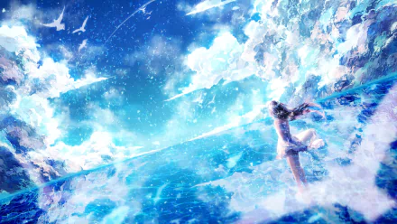 A breathtaking HD desktop wallpaper featuring an original anime scene, showcasing a figure dancing through vibrant blue waters under a stunning sky filled with clouds and light.