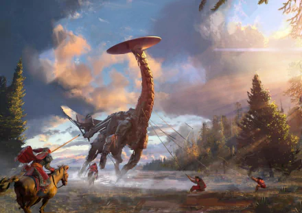 An epic HD desktop wallpaper from Horizon Zero Dawn, featuring a giant robotic creature in a lush landscape, with hunters poised to strike against a vibrant sky backdrop.