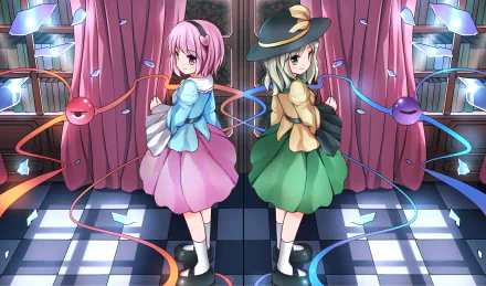 HD anime desktop wallpaper featuring Satori Komeiji and Koishi Komeiji from the Touhou series, standing back-to-back in a vibrant, detailed setting.